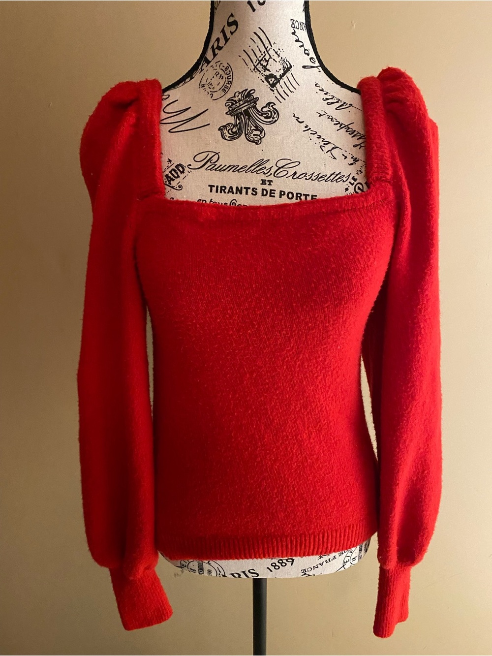 H&M Red Off-the-Shoulder Square Neck Puff Sleeve Sweater